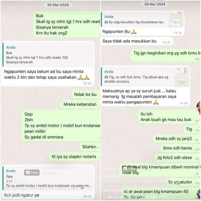 Kolase foto bukti chat tagihan sejak Maret 2024. (Foto: TikTok)
