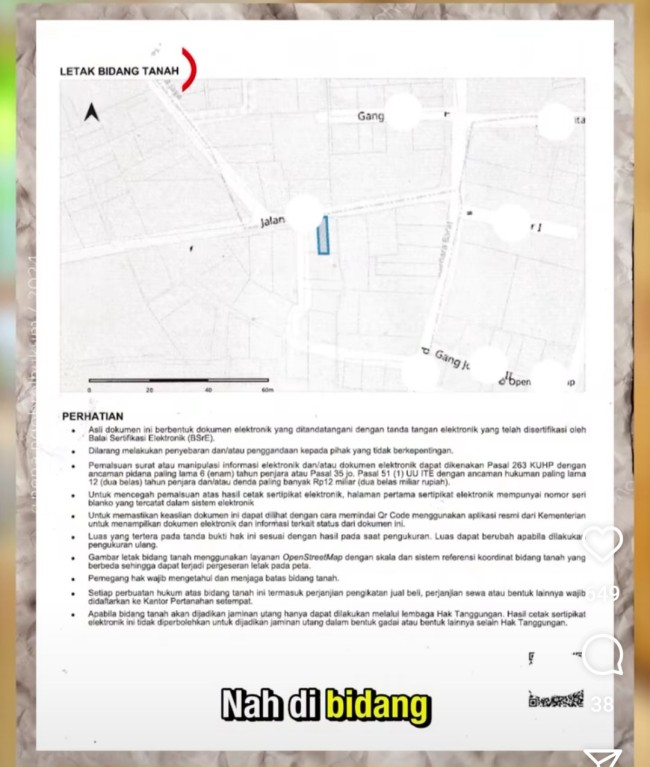 Bagian dalam sertipikat tanah elektronik. (Foto: Instagram @nena.ngobrolhukum)